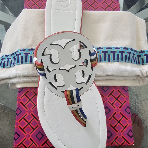 Tory Burch Shoes - Tory Burch White Sandals with Multicolor Accents (Never Worn Size 10)